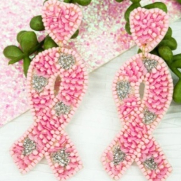 Pink Breast Cancer Ribbon Seed Bead Earrings - Picture 2 of 8